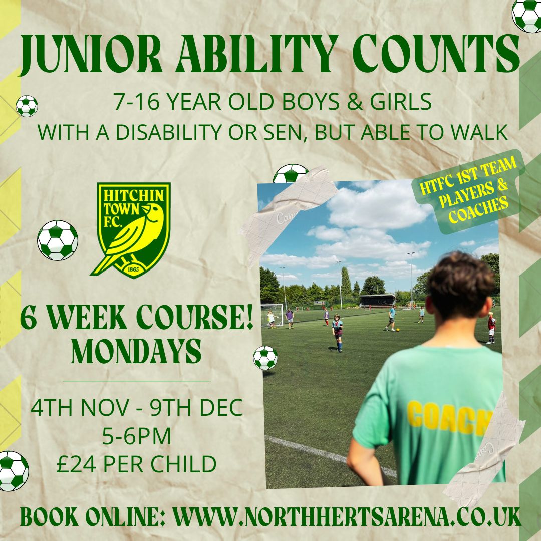 The_Arena_HTCFC's tweet photo. NEW COURSES!
⚽️ Junior Ability Counts: all-inclusive SEND course for 7-16 year old boys &amp; girls
🙌 Safe Hands: specialised goalkeeping course with former @HitchinTownFC keeper Josh Mollison. All ages &amp; abilities.

Book online!
#football #footballcoaching #skills #send #herts https://t.co/herXYSfHbT