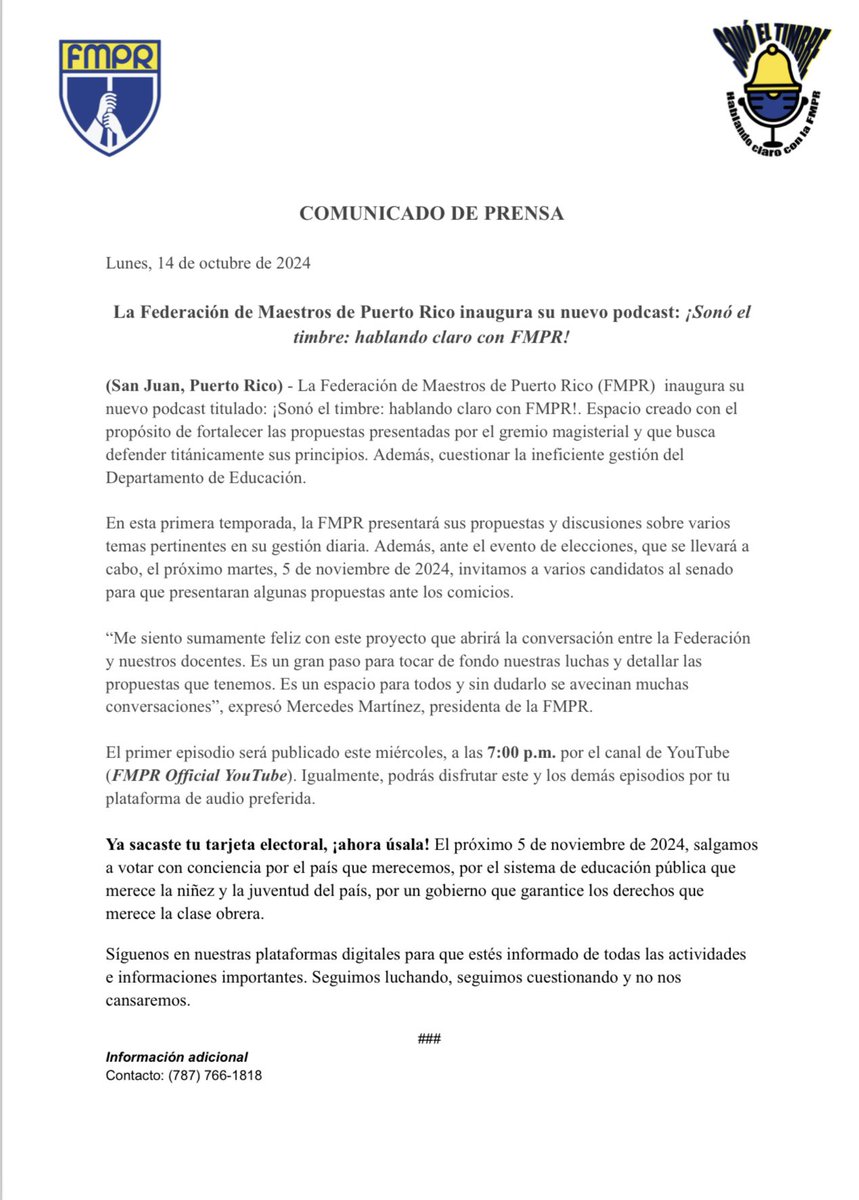 FMPRLucha's tweet photo. #ComunicadoDePrensa: La Federación de Maestros de Puerto Rico inaugura su nuevo podcast: ¡Sonó el timbre: hablando claro con la FMPR!
Aquí toda la información. 🛎️
#SonoElTimbreHablandoClaroConLaFMPR #FMPR https://t.co/3g3gCmNqhb