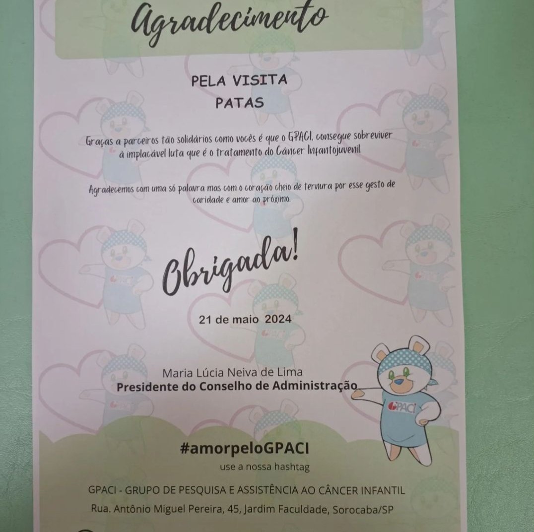 eventopatas's tweet photo. Toda doação de alimentos arrecadada no evento Patas 2024 foi destinada ao GPACI, Grupo de Pesquisa e Assistência ao Câncer Infantil.
Agradecemos a todos que fizeram parte desse projeto lindo.
#batmandesorocaba #pequenagrandeisa #gpaci #patas2024 #patasoficial_ #doação #Nico https://t.co/42Za16Bwsg