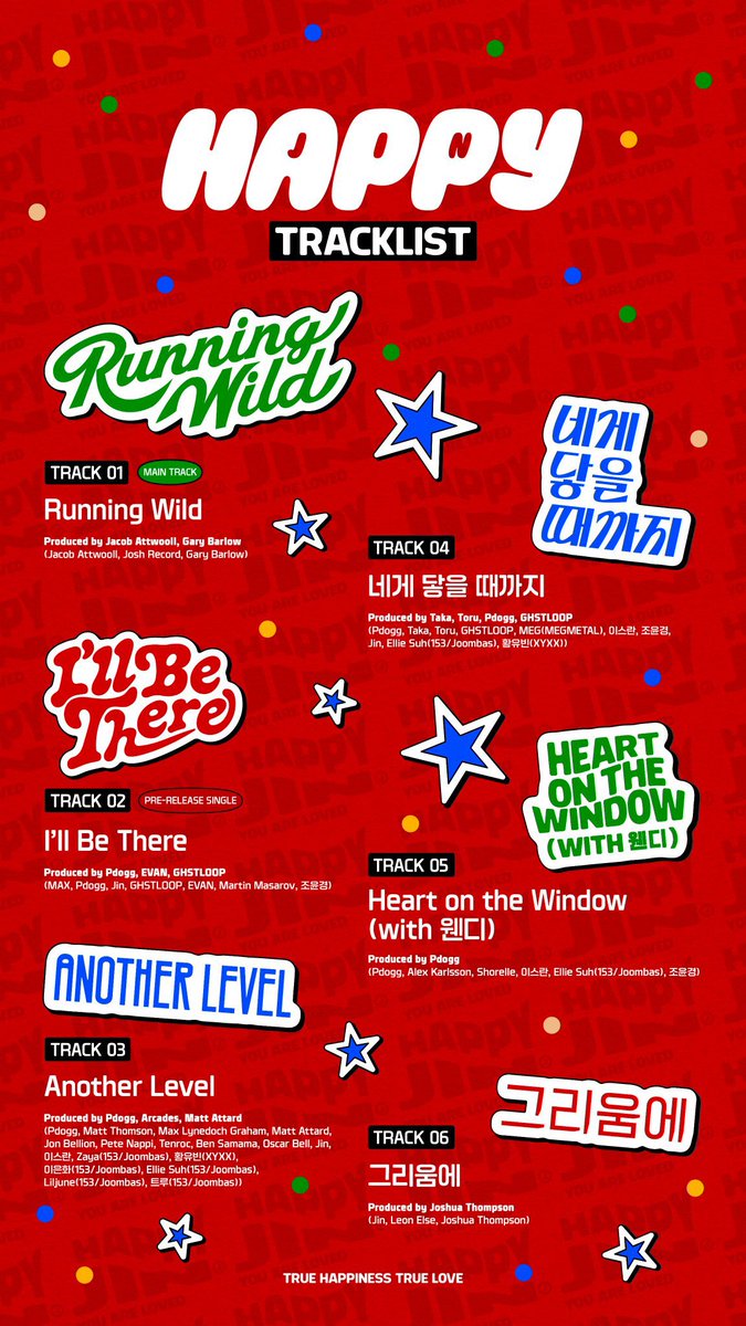 [NEWS] #JIN is credited as song writer of 4 songs of his upcoming album “HAPPY”

— l'll Be There
— Another Level
— 네게 닿을 때까지
— 그리움에

HAPPY TRACKLIST
JIN IS COMING
#Jin_Happy