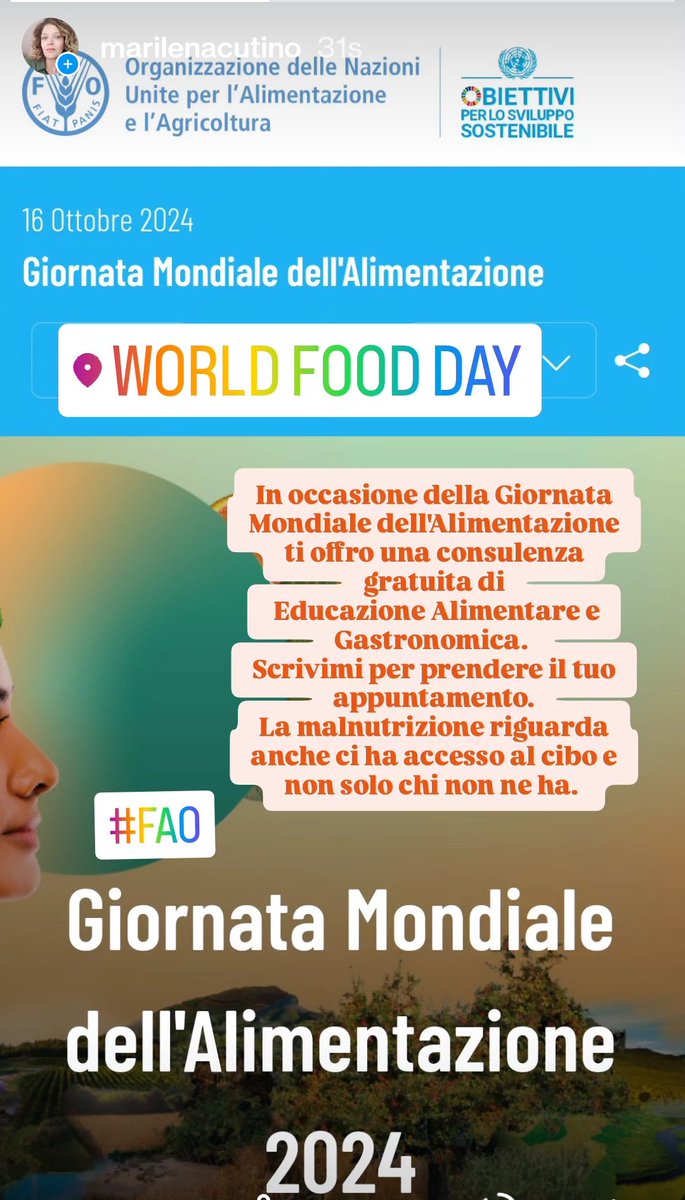 CutinoElena's tweet photo. Giornata Mondiale dell'Alimentazione 
La malnutrizione non riguarda solo chi soffre la fame.
Anche chi ha accesso al cibo può esserne vittima oggigiorno se non segue un'alimentazione e stile di vita salubri.
#WorldFoodDay 
#WorldFoodDay2024Keeping https://t.co/57t6Mqvt3I