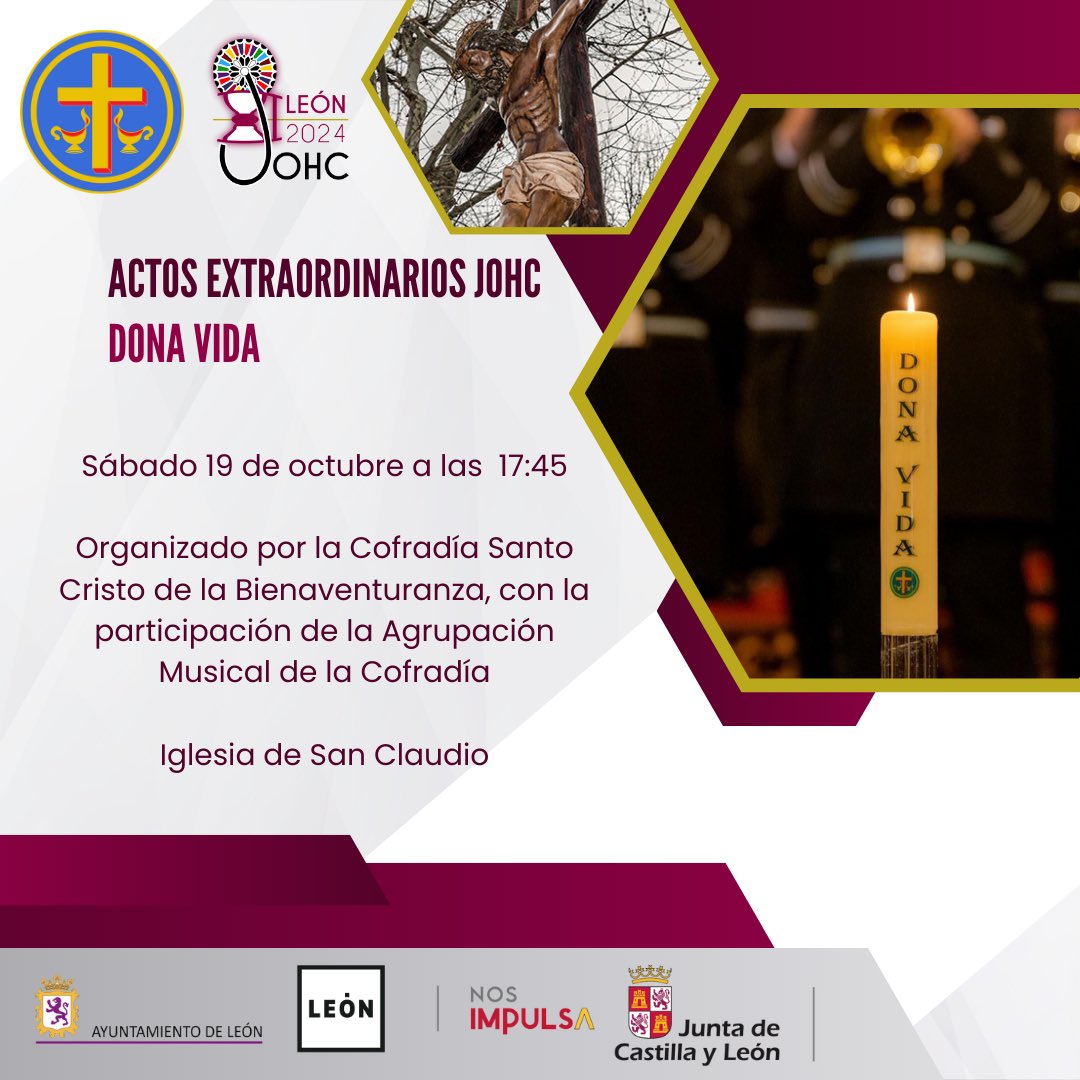 ACTOS EXTRAORDINARIOS JOHC

DONA VIDA

Sábado 19 de octubre a las 17:45

Organizado por la Cofradía Santo Cristo de la Bienaventuranza, con la participación de la Agrupación Musical de la Cofradía.

Iglesia de San Claudio

#tomadtodosdeel #johcleon #jovenespapones #encuentrojohc