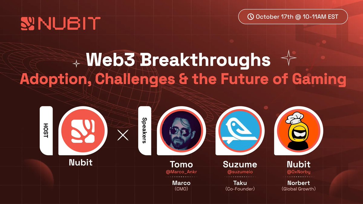 nubit_org's tweet photo. Fams, mark your calendars 🗓️

Join us on Oct 17th @ 10 AM EST to discuss the Web3 Breakthroughs: Adoption, Challenges & the Future of Gaming 🎮!

▶︎ Featuring:
@Marco_Ankr from @tomo_wallet
Taku from @suzumeio
@0xNorby, from @nubit_org

Don't miss out & set a reminder ⬇️
https://t.co/Vf6XQVlkGg

See you there!