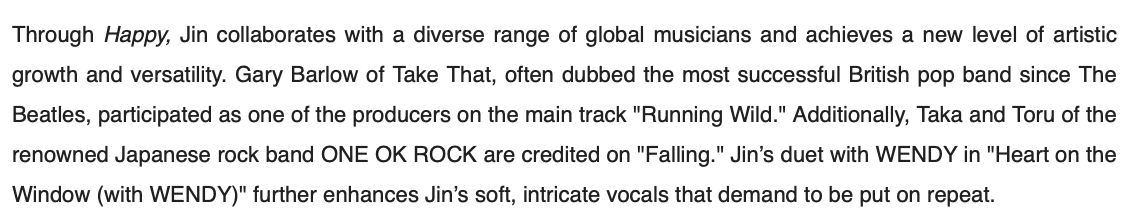 headlineplanet's tweet photo. "Through Happy, Jin collaborates with a diverse range of global musicians and achieves a new level of artistic growth and versatility." - BIGHIT MUSIC https://t.co/z1r8QluKpn