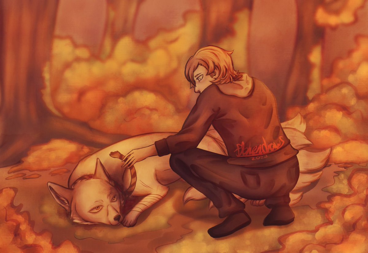 Day 3: Kitsune | "Let me help you." 
Chuuya finds a hurt KitsuneZai in the forest and decides to help him 🥰

I ddin't draw for months, but this brought creativity back to me! <3

<a href="/skkAUsWeek/">SKK AUS WEEK</a> 
#skkAUsWeek #skk #太中g