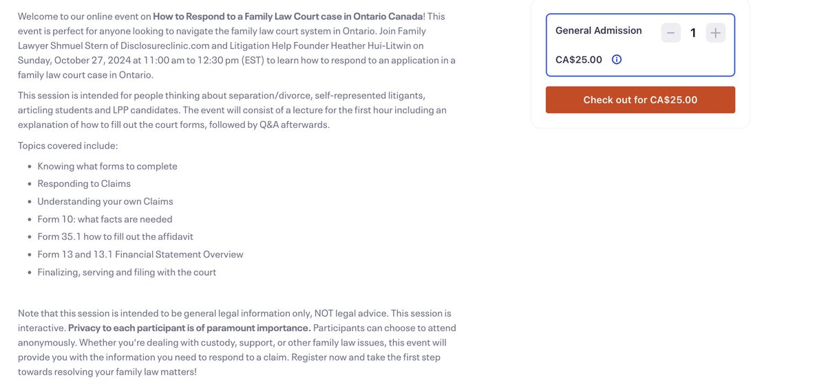 Our second online family workshop with <a href="/disclosureCLIN/">Disclosure Clinic</a> is "How to Respond to a Family law court case". Sunday Oct 27, 11 am-1 pm Eastern time.  eventbrite.ca/e/family-law-w…