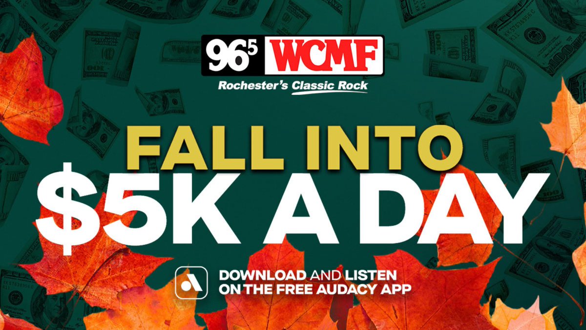 Each day, you can Fall Into $5K A Day and win $5,000 with Audacy and WCMF!
To enter this national contest:
1.  Download the free Audacy app
2.  Listen to our station for one hour to get your entry
Download &amp; Listen: bit.ly/45xIkSM
Contest rules: bit.ly/3NsNck4