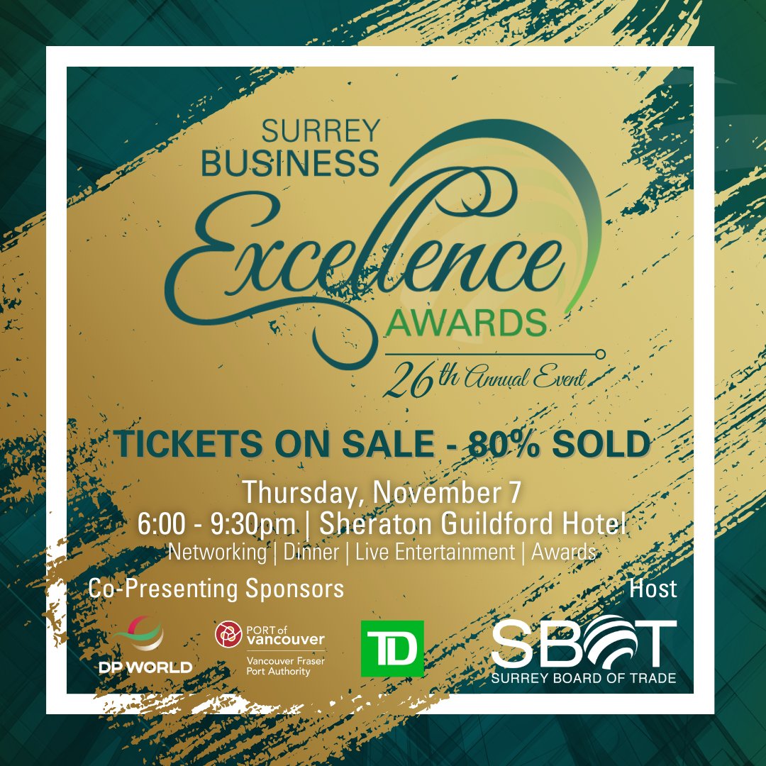 SWRBOT's tweet photo. Do you have tickets for #SurreyBC's premier biz awards event? The Surrey Business Excellence Awards, presented by @dpworldcanada, @portvancouver + @TD_Canada, takes place Nov 7!

Experience why this event was listed as a top 100 event in Metro Vancouver.

https://t.co/tOt9wK34VD https://t.co/b703sAp8gM