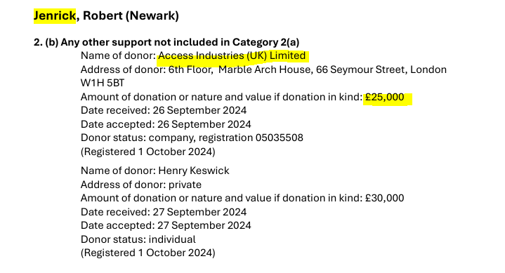 🚨 Robert Jenrick just accepted a £25k donation from a firm owned by a sanctioned oligarch.

Access Industries (UK) Ltd is owned by Sanctioned Oligarch Sir Len Blavatnik

🧵