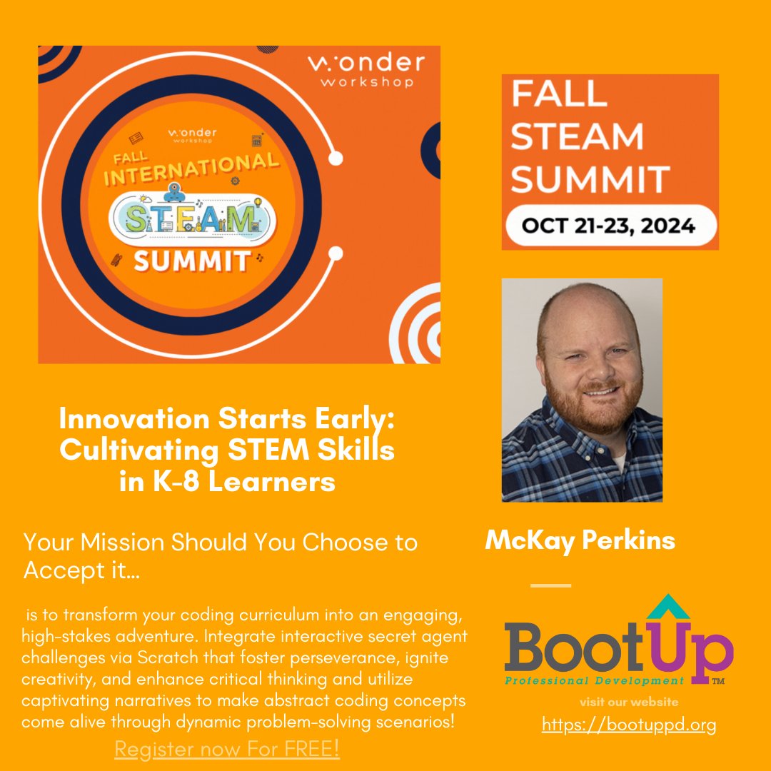 BootUpPD's tweet image. We are excited that our very own, McKay Perkins, was selected to be an official presenter at the 2024 Fall International STEAM Summit taking place between October 21-23! 

Register below for FREE!
fall.internationalsteamsummit.com/.../select.../