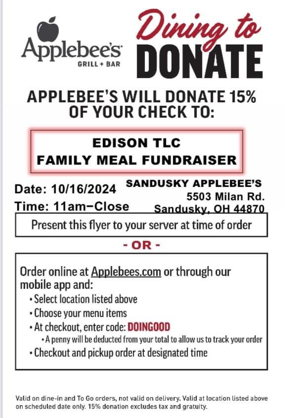 EdisonTLC's tweet image. 🍎It’s Family Meal Fundraiser night! 🍎

📍 Location: Applebee’s, Sandusky
🗓️ Date: October 16th
🕕 Time: 11 AM - 11:59 PM