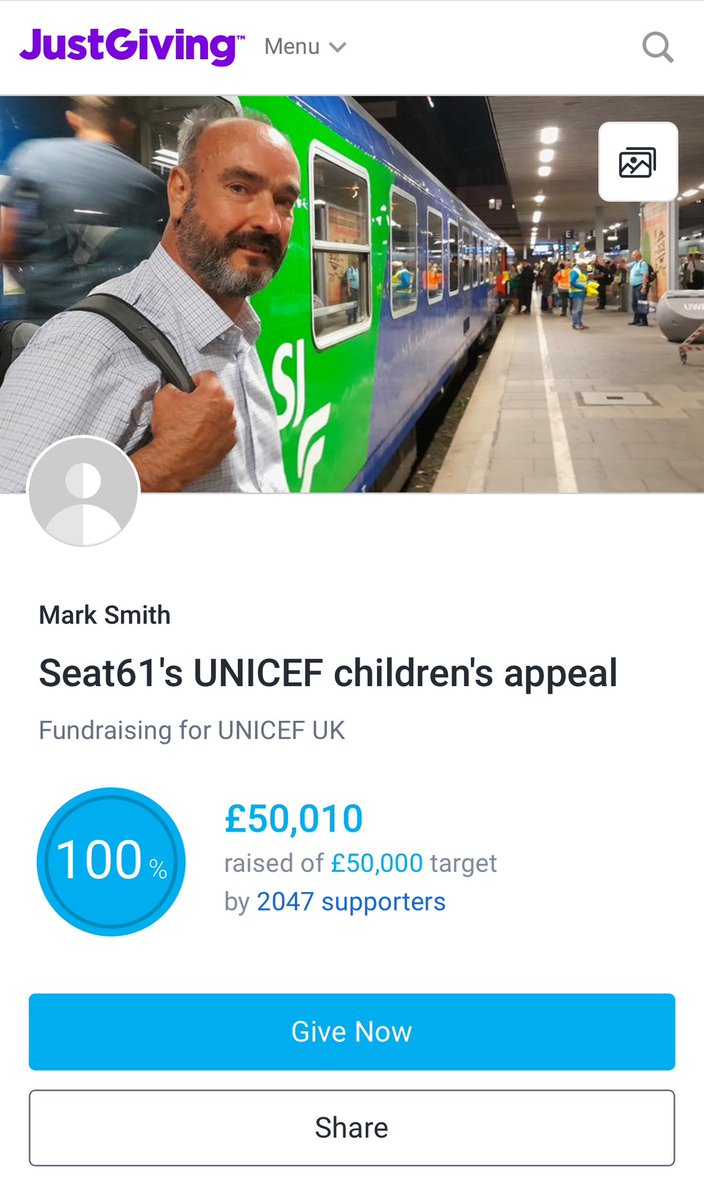 seatsixtyone's tweet photo. When I set a target of raising £50k for UNICEF, I didn’t think we’d actually manage that! Sometimes I’m delighted to be wrong - thanks to all who’ve donated, &amp; to @TailorMadeRail whose generous donation took the total to target.
 https://t.co/ha3GJxd8Qd https://t.co/MnqOHfvgha