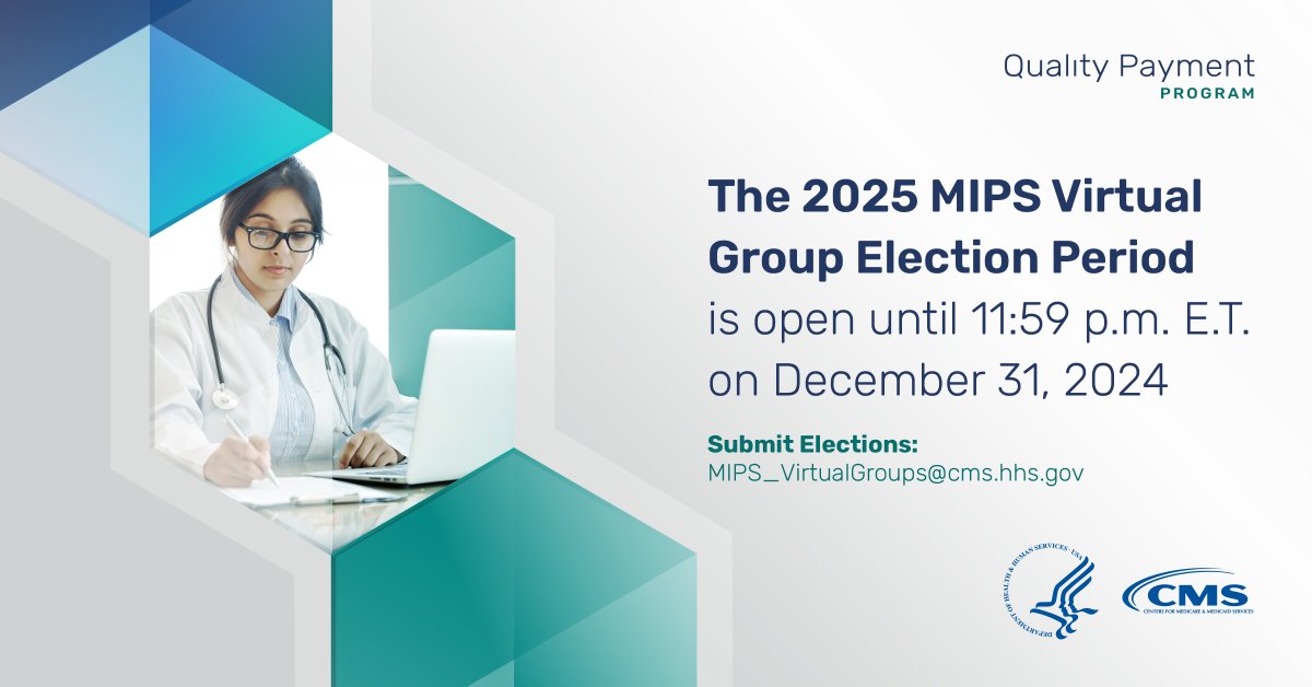 CMSGov's tweet image. Remember: In order to participate in the 2025 #MIPS performance year as a virtual group, you need to submit an election via email. Learn more about virtual groups by reviewing our toolkit: go.cms.gov/4eMyobP