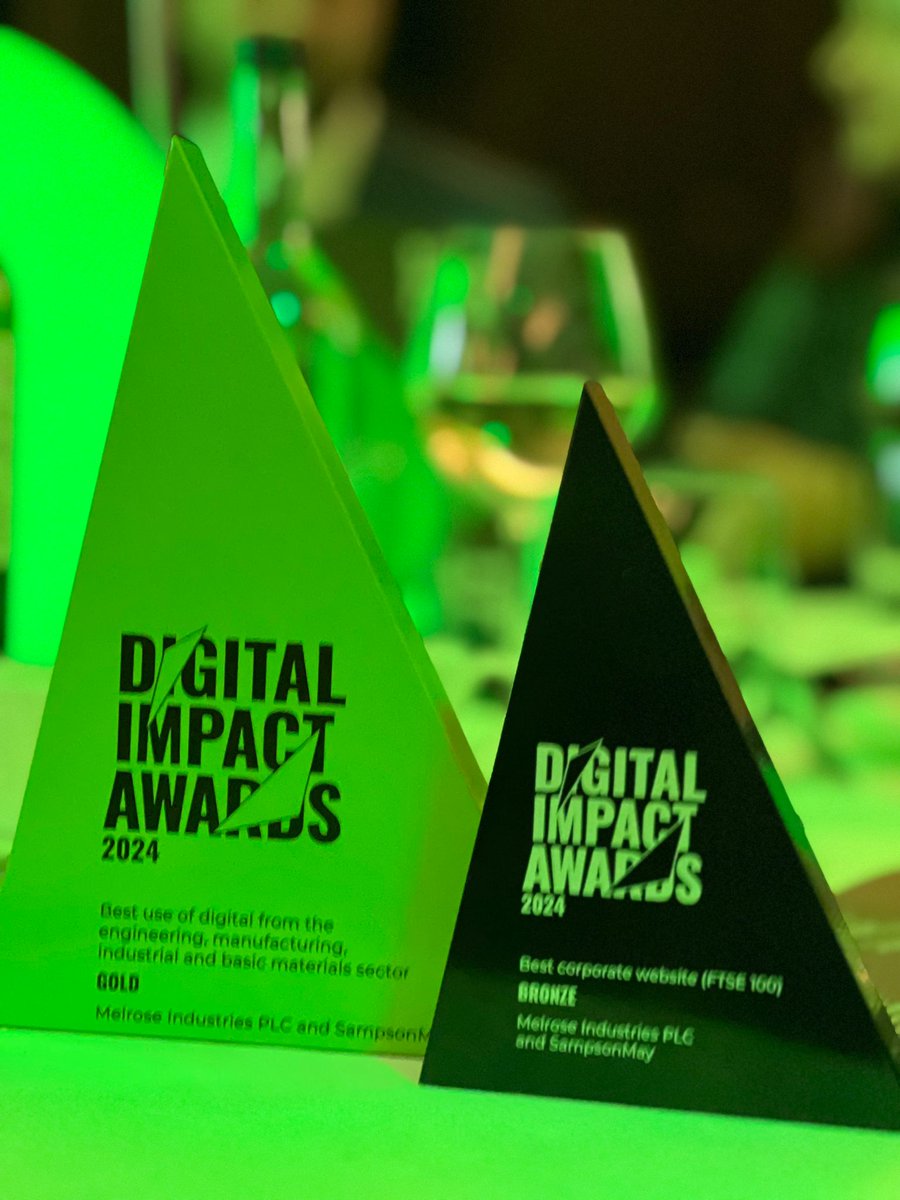 Exciting News!  <a href="/GKNAero/">GKN Aerospace</a> &amp; Melrose plc website won two awards at last night’s #DIAwards event!
-Gold for Best Use of Digital in the Engineering, Manufacturing &amp; Industrial Sector
-Bronze in Best Corporate Website  FTSE 100 category
Huge thanks to the great team at <a href="/SampsonMay/">SampsonMay</a> !