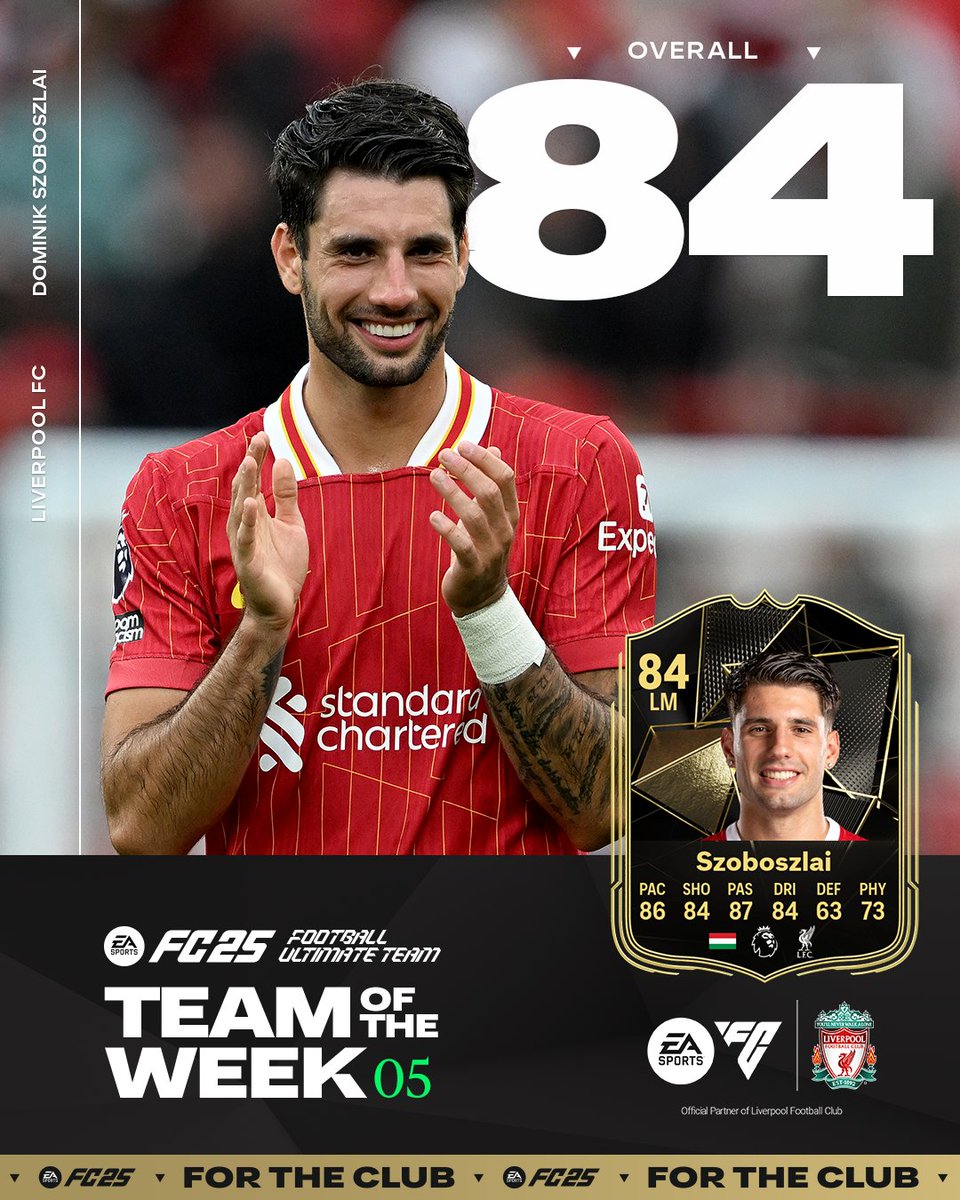 LFC's tweet photo. Szobo 😮‍💨 A well deserved #TOTW call up for Dom following his brace on international duty 👏
 
@EASPORTSFC | #FC25 #Ad https://t.co/H0AscttGua