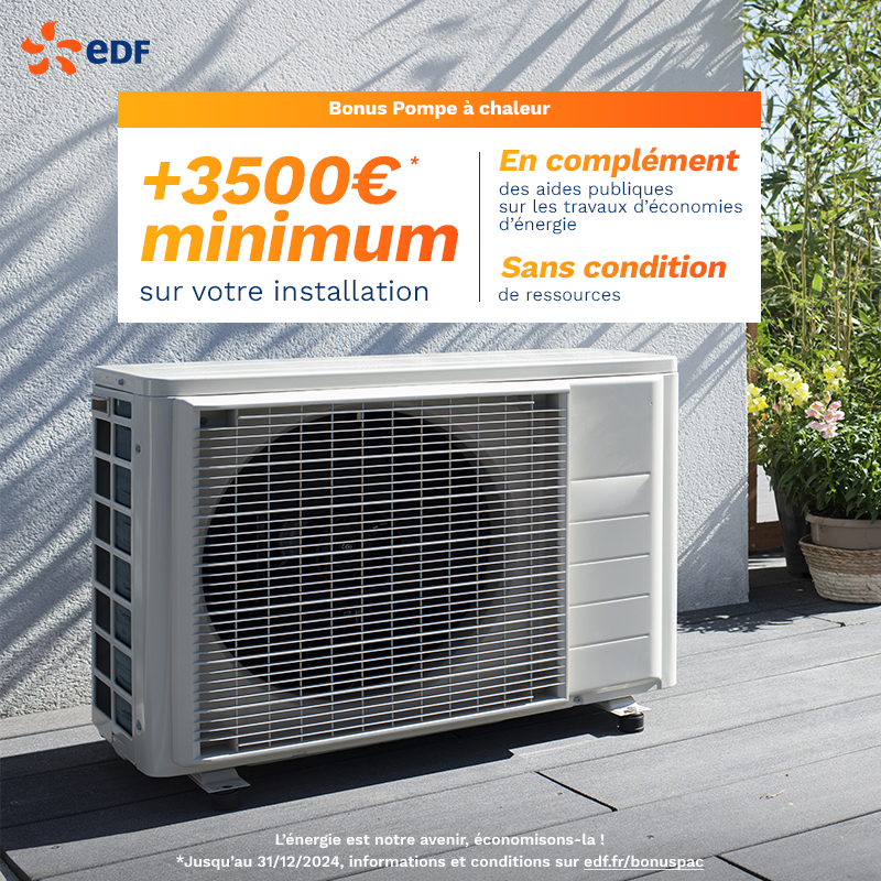EDFofficiel's tweet photo. En ce moment, profitez du Bonus Pompe à chaleur d’EDF : 3500€ minimum sur l’installation de votre pompe à chaleur, sans condition de ressources en complément des aides publiques sur les travaux d’économies d’énergie.