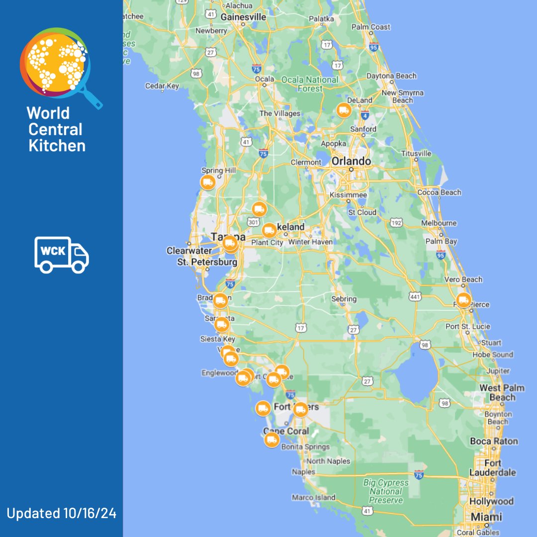 WCKitchen's tweet image. WCK will have free meals available today, Wednesday, October 16, in Florida for community members impacted by #HurricaneMilton. Share with anyone in the area in need of support. #ChefsForFlorida LOCATIONS:

Bay Point Church
208 Palm Ave
Nokomis, FL
12PM

Treasure Island Beach…