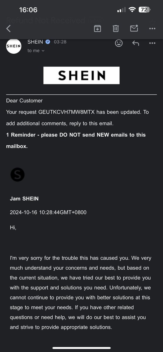 OmenifeCj's tweet photo. @SHEIN_Official Honestly, I was so disappointed with the email I got from @SHEIN_Official  today. Order of £100 they told me they can’t do anything about it anymore.
Please, I haven’t received this order. I want this to be investigated. I need to a proof of the delivery to my address. https://t.co/I9xZQ2FNbQ