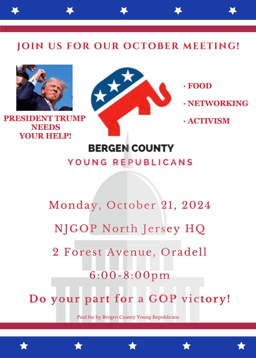 Bergen County Young Republicans (@bergencountyyrs) on Twitter photo We need all hands on deck in Bergen County next Monday. The time for activism, organizing, and hard work is NOW! Learn how you can help out with a GOP victory at the last BCYR meeting before this pivotal American election. <a href="/BCRONJ/">Bergen County GOP</a> <a href="/AmericaFirstNJ/">America First Republicans of New Jersey</a> <a href="/MichaelCasey_/">Michael Casey</a> We need all hands on deck in Bergen County next Monday. The time for activism, organizing, and hard work is NOW! Learn how you can help out with a GOP victory at the last BCYR meeting before this pivotal American election. <a href="/BCRONJ/">Bergen County GOP</a> <a href="/AmericaFirstNJ/">America First Republicans of New Jersey</a> <a href="/MichaelCasey_/">Michael Casey</a>