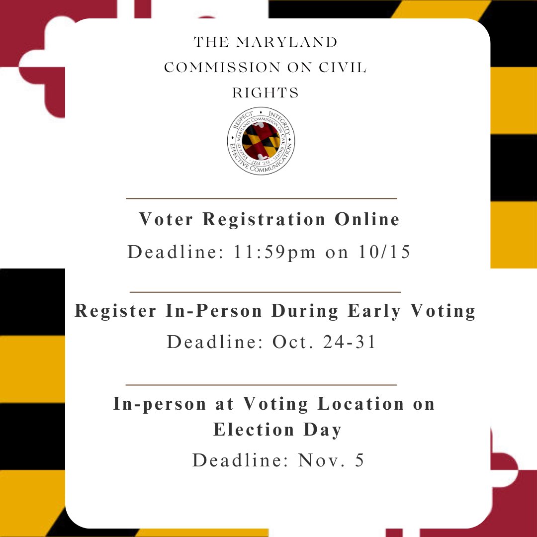 The Maryland Commission on Civil Rights encourages everyone in the State of Maryland to exercise their right to vote! 

#KnowYourRights #YourRightsMatter #MCCR #CivilRights #Voting #VotingRightsActof1965