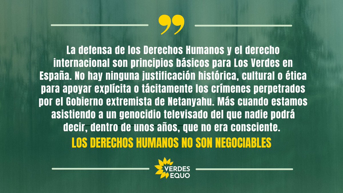 Ante las voces que, vengan de donde vengan, justifican directa o indirectamente el genocidio en #Gaza, Verdes Equo lo tiene claro: los derechos humanos no son negociables.