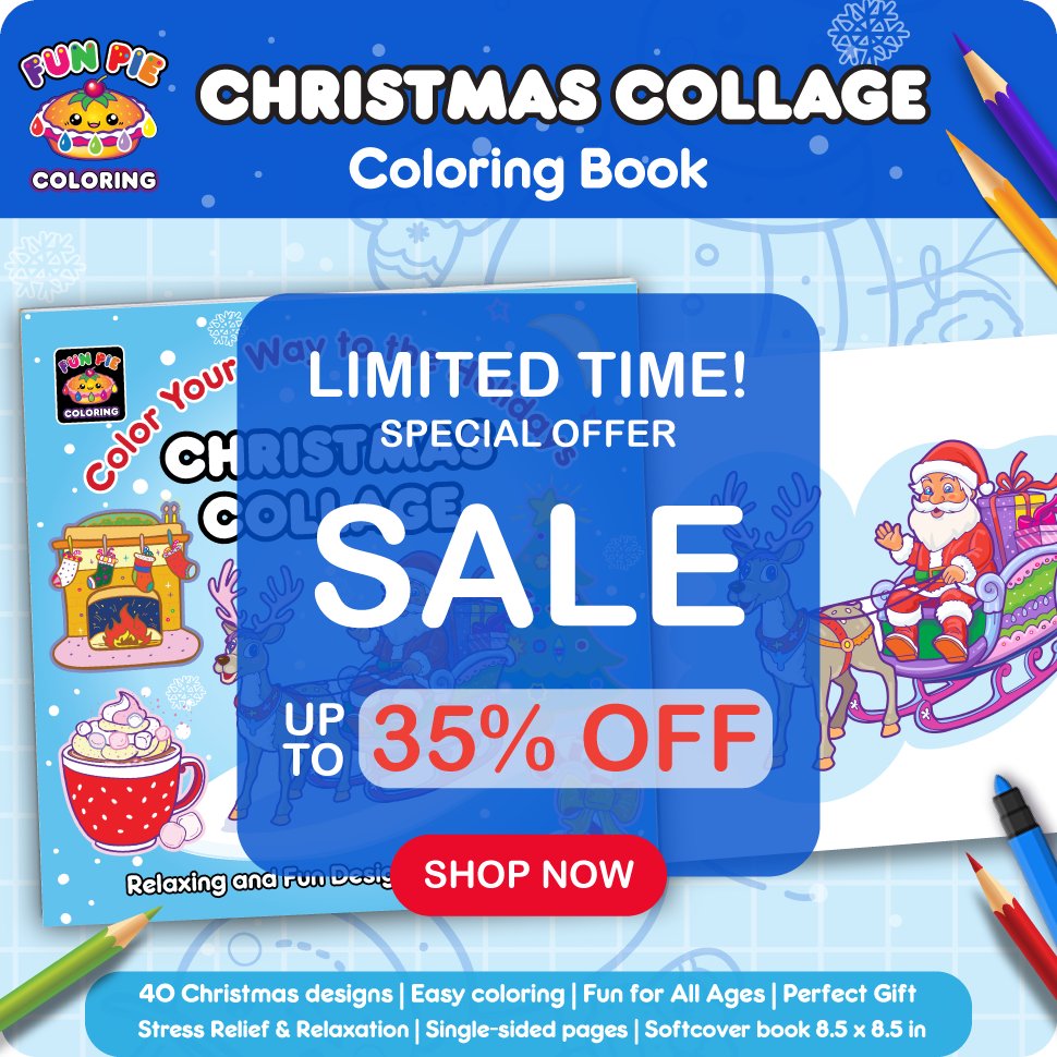 sofiartmedia's tweet image. 🎄Big news! The Christmas Collage coloring book is now available at the Fun Pie store on Amazon with a limited-time 35% discount!🌟Grab yours today: amzn.to/3zY0ku7
#ChristmasCollage #ColoringBook #FunPie #HolidaySavings #AmazonDeals #funpiedesigns #funpiecoloring #amazon