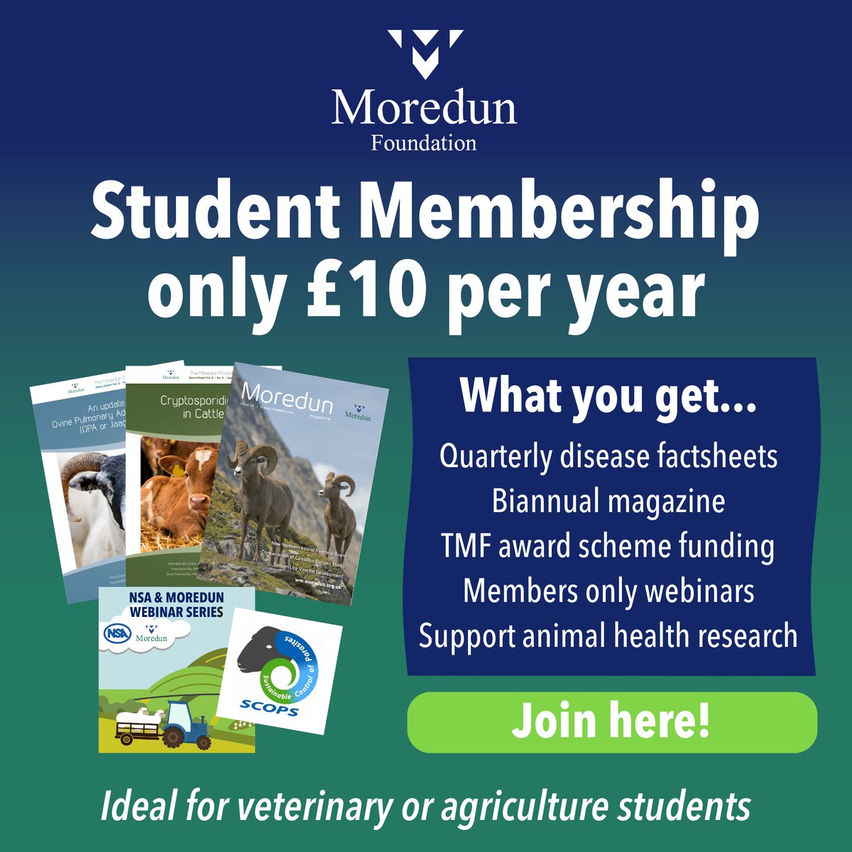 Did you know that you can join the Moredun Foundation and help support livestock health and welfare?

Student membership is only £10/yr and is ideal for vet or agriculture students.

Not a student? Don’t worry – full membership is only £25/yr

bit.ly/3NtkW0s