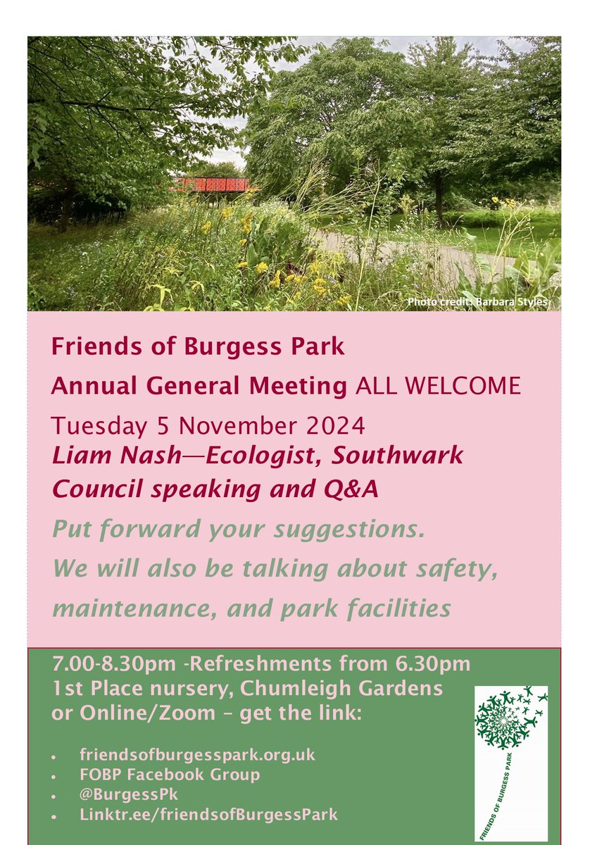 Walworth Society (@walworthsociety) on Twitter photo News of FOBP <a href="/BurgessPk/">Burgess Park</a> AGM is Tuesday 5 November 7-8.30 at 1st Place, Chumleigh Gardens, refreshments from 6.30pm.
Guest speaker is Liam Nash, Southwark Council Ecology Officer and FoBP have also invited the Faraday police SNT, Sgt Jamie Smyth to attend. News of FOBP <a href="/BurgessPk/">Burgess Park</a> AGM is Tuesday 5 November 7-8.30 at 1st Place, Chumleigh Gardens, refreshments from 6.30pm.
Guest speaker is Liam Nash, Southwark Council Ecology Officer and FoBP have also invited the Faraday police SNT, Sgt Jamie Smyth to attend.