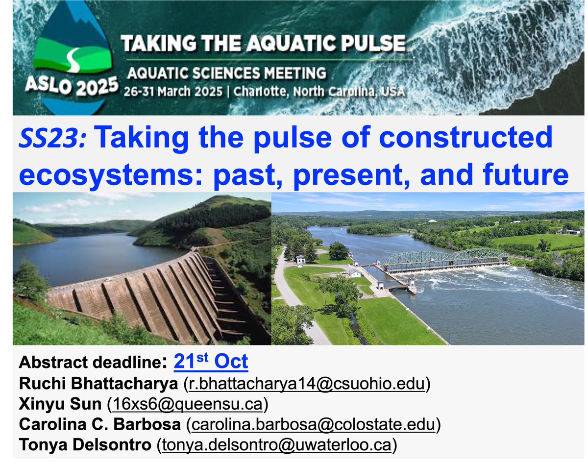 Ruchi Bhattacharya (@limnoruchi) on Twitter photo Still time to submit your abstract to our session on "Taking the Pulse of Constructed Ecosystems: past, present, and future" at the #ASLO2025 meeting! Deadline 21st Oct.
aslo.org/charlotte-2025/
aslo.org/charlotte-2025โฆ
<a href="/XinyuSSS/">Xinyu Sun</a>, <a href="/carollcbarbosa/">Carolina Barbosa</a>, <a href="/TonyaDelSontro/">Tonya DelSontro</a> Still time to submit your abstract to our session on "Taking the Pulse of Constructed Ecosystems: past, present, and future" at the #ASLO2025 meeting! Deadline 21st Oct.
aslo.org/charlotte-2025/
aslo.org/charlotte-2025โฆ
<a href="/XinyuSSS/">Xinyu Sun</a>, <a href="/carollcbarbosa/">Carolina Barbosa</a>, <a href="/TonyaDelSontro/">Tonya DelSontro</a>