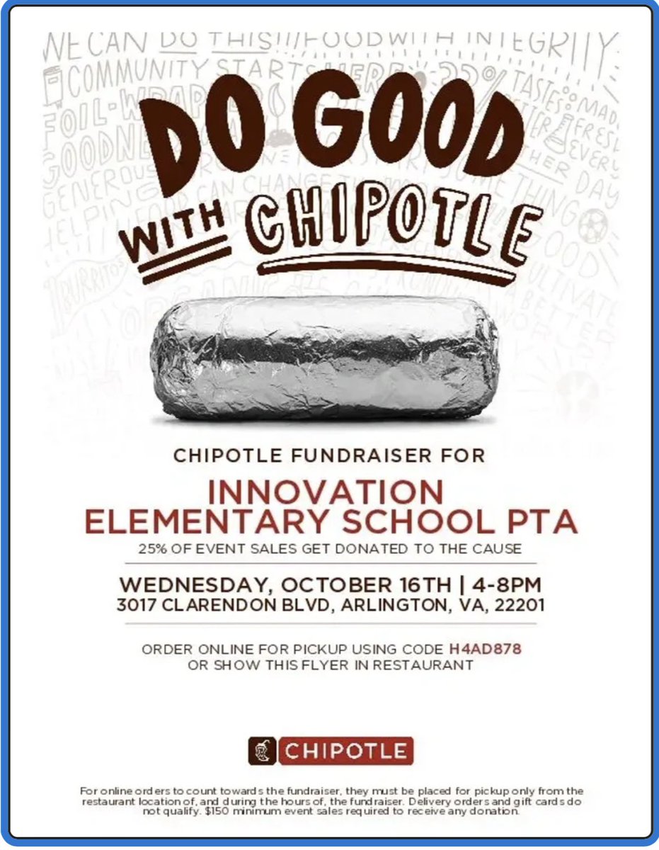 Innovation Elementary (@innovation_aps) on Twitter photo Orange isn’t your color? Wondering how else to spread kindness TODAY, head to <a href="/ChipotleTweets/">Chipotle</a> show this flyer/use code (H4AD878) online at the Clarendon location 10/16 to DO GOOD and give 20% back to Innovation with your purchase. <a href="/HuskyVolunteer/">InnovationVolunteers</a> <a href="/APSVirginia/">Arlington Public Schools</a> <a href="/MrsPeters_APS/">Claire Peters</a> 🧡 Orange isn’t your color? Wondering how else to spread kindness TODAY, head to <a href="/ChipotleTweets/">Chipotle</a> show this flyer/use code (H4AD878) online at the Clarendon location 10/16 to DO GOOD and give 20% back to Innovation with your purchase. <a href="/HuskyVolunteer/">InnovationVolunteers</a> <a href="/APSVirginia/">Arlington Public Schools</a> <a href="/MrsPeters_APS/">Claire Peters</a> 🧡