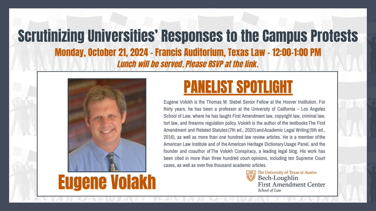 The Bech-Loughlin First Amendment Center (@utexas1acenter) on Twitter photo Professor Eugene Volokh will be one of the esteemed panelists for our Free Speech Week event on 10/21. Learn more about all nine panelists, the event, and to RSVP, visit the link. Join us! law.utexas.edu/first-amendmenā¦
<a href="/UTexasLaw/">UTexasLaw</a>
<a href="/UTAustin/">UT Austin</a>
<a href="/steventcollis/">Steven T Collis</a>
<a href="/FreeSpeechWeek/">Free Speech Week</a> Professor Eugene Volokh will be one of the esteemed panelists for our Free Speech Week event on 10/21. Learn more about all nine panelists, the event, and to RSVP, visit the link. Join us! law.utexas.edu/first-amendmenā¦
<a href="/UTexasLaw/">UTexasLaw</a>
<a href="/UTAustin/">UT Austin</a>
<a href="/steventcollis/">Steven T Collis</a>
<a href="/FreeSpeechWeek/">Free Speech Week</a>