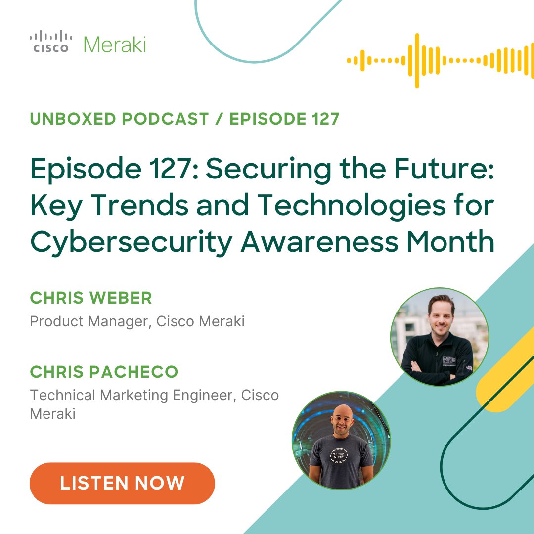 CyberMacCSCO's tweet image. Tune in to this #MerakiUnboxed podcast for exclusive insights and innovations during #CybersecurityAwarenessMonth. You won’t want to miss these key industry trends and technologies. 
Listen now ⬇️ 
cs.co/6011qrFDl
@Meraki