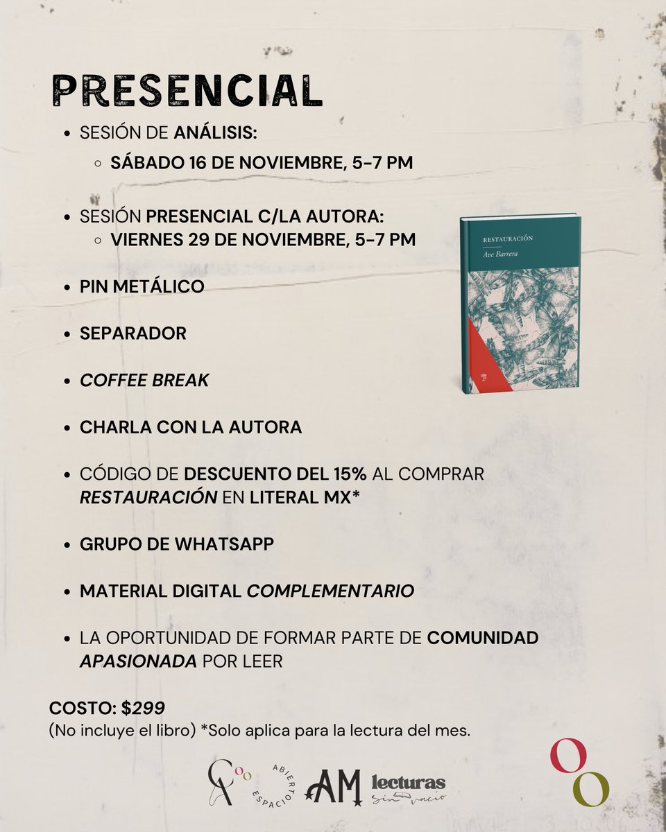 coolturactiva's tweet photo. En NOVIEMBRE leeremos RESTAURACIÓN de @avebarrera 📚✨

Puedes participar de forma presencial o virtual, ¡hay espacio para todxs! Desliza para conocer más detalles y anótate. 🔥

Tenemos código de descuento en la compra del libro en @literalmx ☀️ https://t.co/tQ3q96WTi2