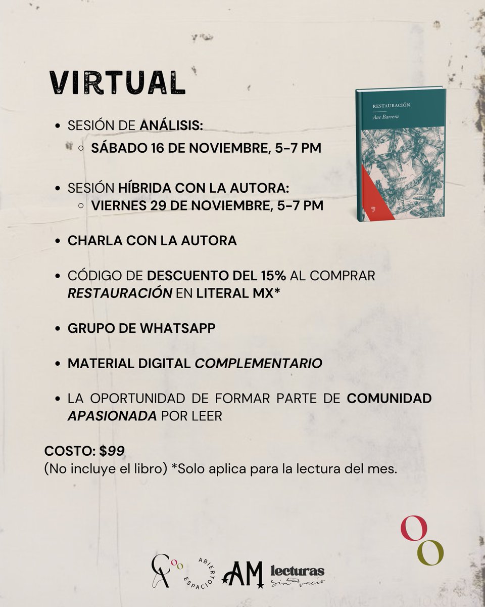 coolturactiva's tweet photo. En NOVIEMBRE leeremos RESTAURACIÓN de @avebarrera 📚✨

Puedes participar de forma presencial o virtual, ¡hay espacio para todxs! Desliza para conocer más detalles y anótate. 🔥

Tenemos código de descuento en la compra del libro en @literalmx ☀️ https://t.co/tQ3q96WTi2
