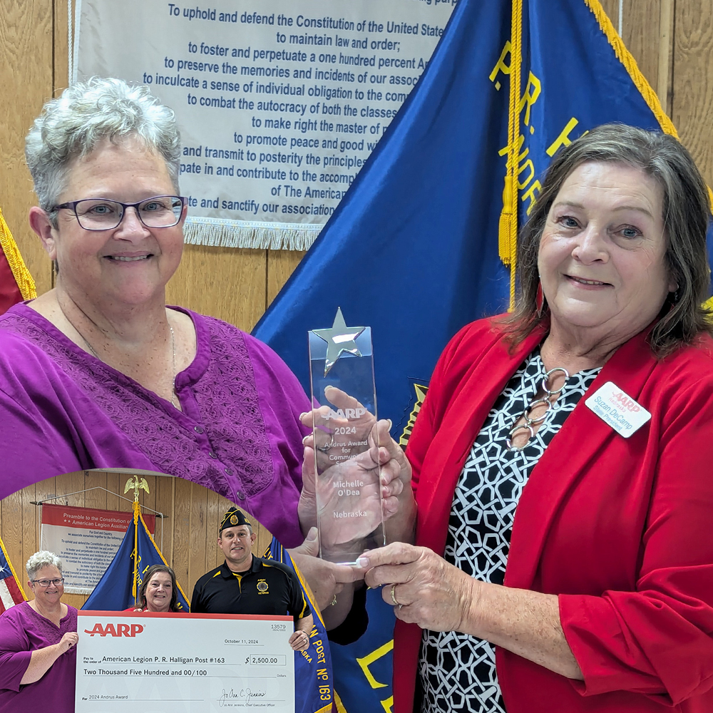 Last Friday, <a href="/AARPNE/">AARP Nebraska</a>'s Suzan DeCamp presented the 2024 <a href="/AARP/">AARP</a> Andrus Award for Community Service to Michelle O'Dea at the #NorthPlatte <a href="/AmericanLegion/">The American Legion</a> P. R. Halligan Post #163. Joe Wierzorek accepted a $2,500 donation on behalf of the Legion, Michelle's selected nonprofit. ❤️️