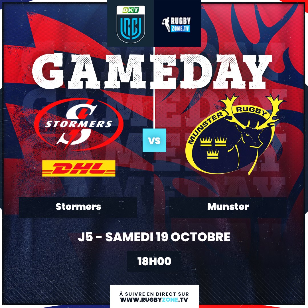 ⚡️ 𝙎𝙩𝙤𝙧𝙢𝙚𝙧𝙨 🆚 𝙈𝙪𝙣𝙨𝙩𝙚𝙧
💪 Après la défaite à Croke Park contre le Leinster, le Munster va tenter de se relancer en déplacement sur la pelouse des Stormers de Cape Town !
💻 Coup d'envoi en direct samedi à 18h sur bit.ly/Rugbyzonetv

#BKTURC #rugby
