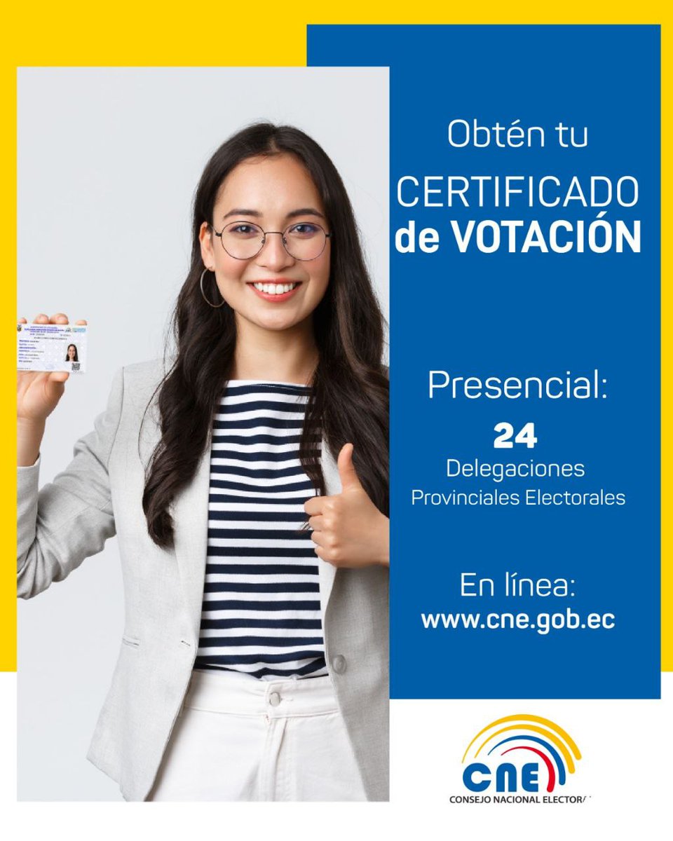 cnenapo's tweet photo. Obtén tu Certificado de Votación del #ReferéndumYConsulta2024 🪪 mediante 2⃣ modalidades:
🔵 Presencial: En nuestras 24 Delegaciones Provinciales.
🔵 En línea: Ingresando a: https://t.co/dEwan75BFE.
Para obtener el documento, #PagaTusMultasEnLínea 🫰, a través de la @FacilitoRed. https://t.co/uwEuNb5HNz