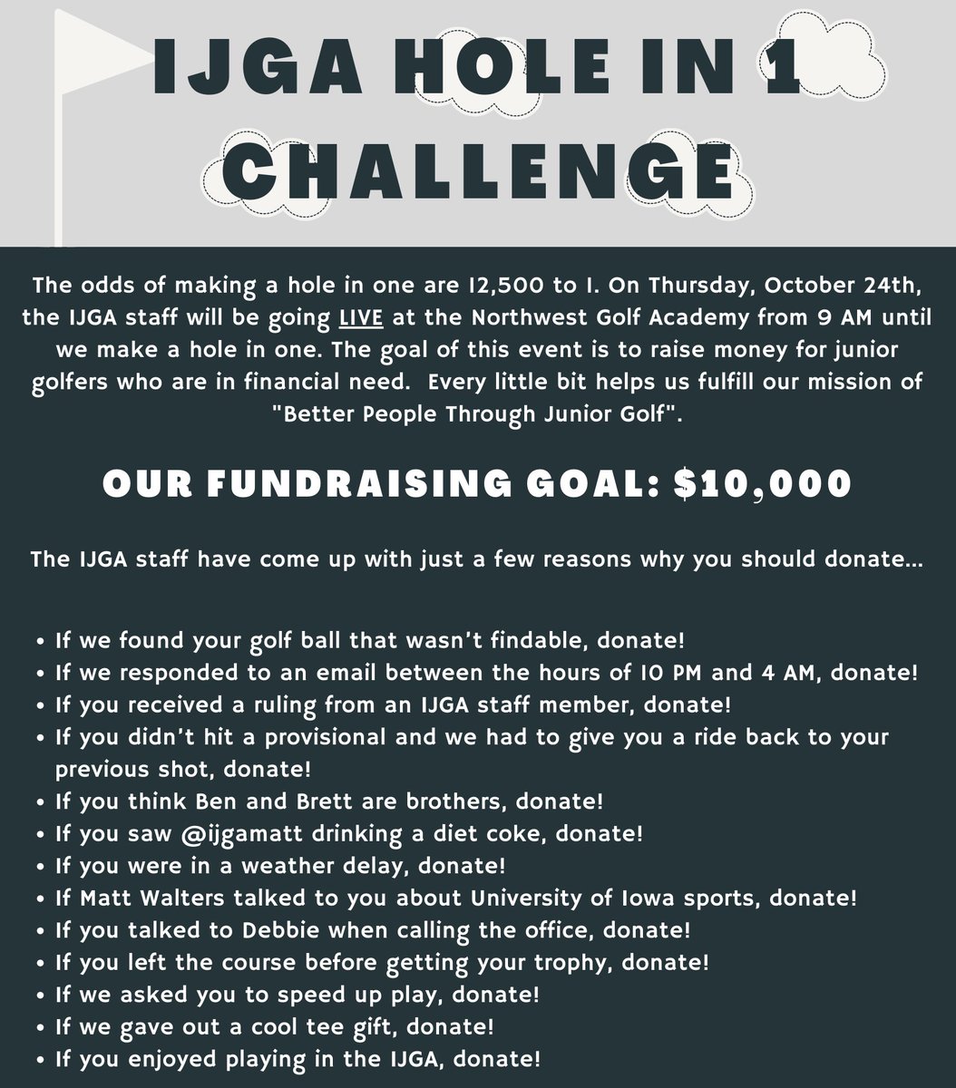 Next week, the IJGA staff will participate in the hole-in-one challenge in order to raise money for our financial aid program. Link to donate: charity.pledgeit.org/IJGAmarathon