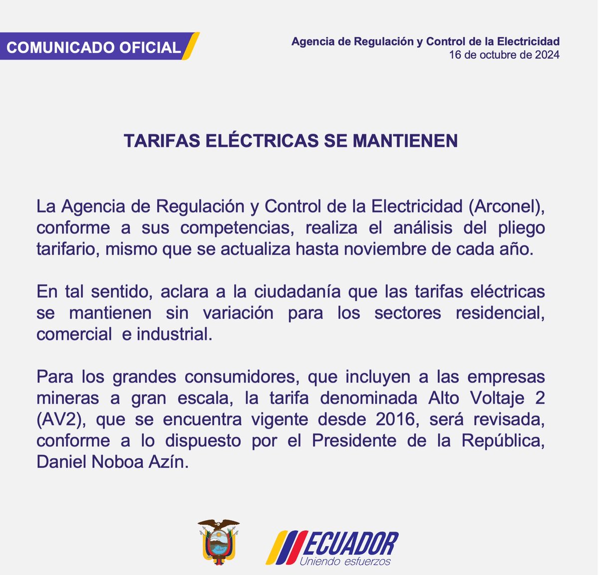 GamaNoticiasEc's tweet photo. #URGENTE | #ARCONEL aclara que las tarifas eléctricas se mantienen sin variación para los sectores residencial, comercial e industrial. https://t.co/OtfLMcEuXi