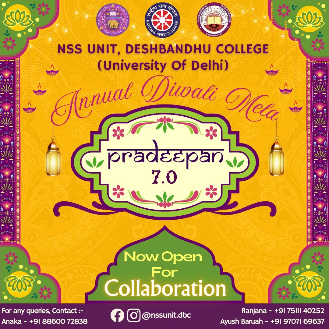 NssunitDbc's tweet photo. Get ready to ignite the festive spark within you as the NSS Unit of Deshbandhu College proudly presents Pradeepan 7.0, the Annual Diwali Mela of the year!Join the celebration and make it a part of your success story! Book a stall and become an integral part of this event. #Diwali https://t.co/OGaDpsHv1A