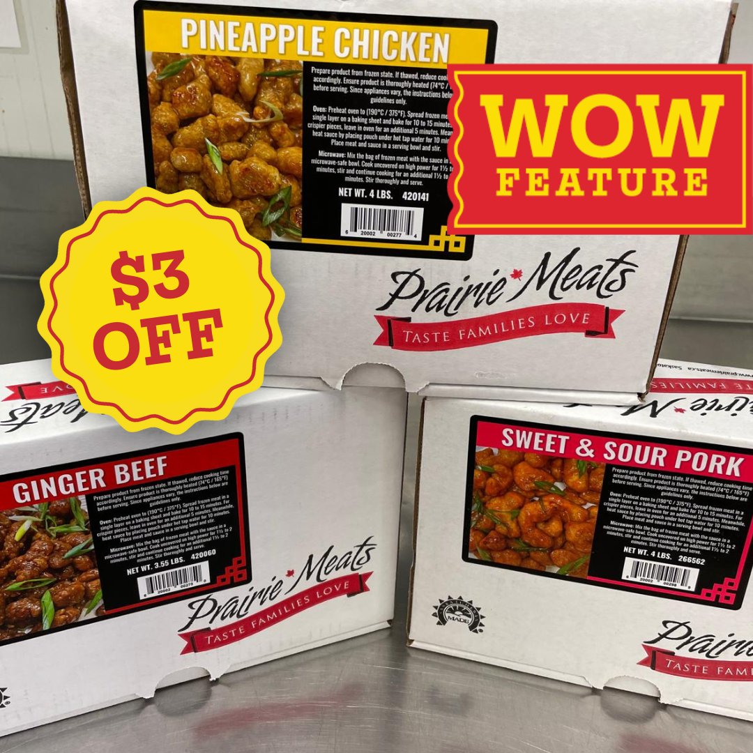 PrairieMeats's tweet photo. From October 16 – 22, save $3 off each case of Ginger Beef, Sweet &amp; Sour Pork, and Pineapple Chicken. Regular $29.99 each, you pay only $26.99 each while supplies last. 

Shop this deal YOUR way: 

🛒 In person

💻 Online at https://t.co/ZYJqwfYGON  

📞 By phone (306.244.4024) https://t.co/FkKUMhTCa3