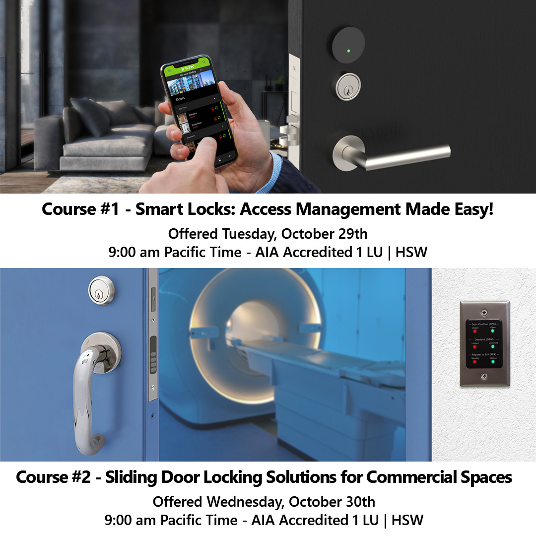 INOX has continuing education courses scheduled for the end of the month! We have two AIA accredited courses for 1 LU|HSW: “Smart Locks: Access Management Made Easy” and “Sliding Door Locking Solutions for Commercial Spaces.” Click the link to register!
hubs.ly/Q02TxCZH0