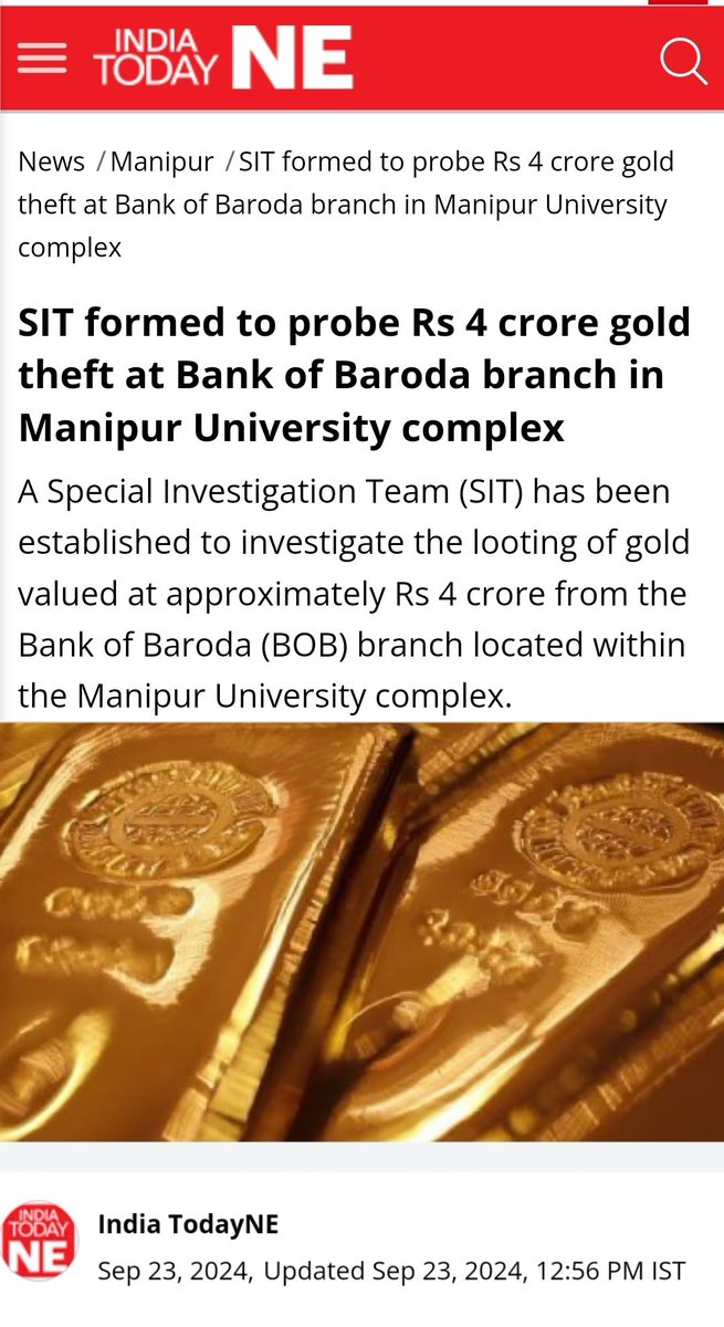 Sumkawn's tweet photo. In the past 2 months, two banks in the Manipur Valley have been looted.

1️⃣ The Bank of Baroda branch in Manipur University complex Imphal was looted on September 13, 2024, resulting in the disappearance of gold worth Rs. 4 crores.

2️⃣ The UCO bank, Kakching branch, was looted on October 16, 2024, with Rs. 6.4 lakh stolen at gunpoint.

Is bank loot case  a new normal in Manipur valley?
@PIBHomeAffairs @HMOIndia @PMOIndia @kharge @RanaAyyub
@afridahussai @vijaita  @CBIHeadquarters @MIB_India @BhardwajAnanya @SupriyaShrinate @priyankac19 @official_dgar