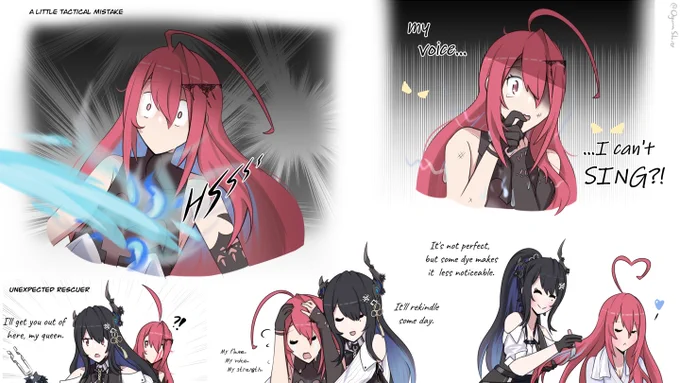 some rkgk of bloodflame lore that's lived rent-free in my head all night #BloodflameArt #RavenCrafts 

(context: liz said if her flame goes out, she gets nerfed and loses her power of song...and her blue hair highlights) 