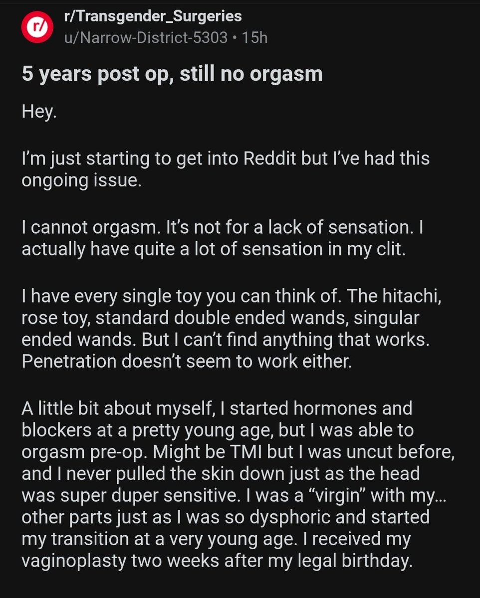 zabel2107's tweet photo. "I started hormones and blockers at a pretty young age" 

Comments say it must be just a mental block and he should see a therapist. Oh the irony. Gender dysphoria is inborn but not being able to orgasm after chemical and surgical castration must be of psychological origin! https://t.co/Cw9EBKw9ur