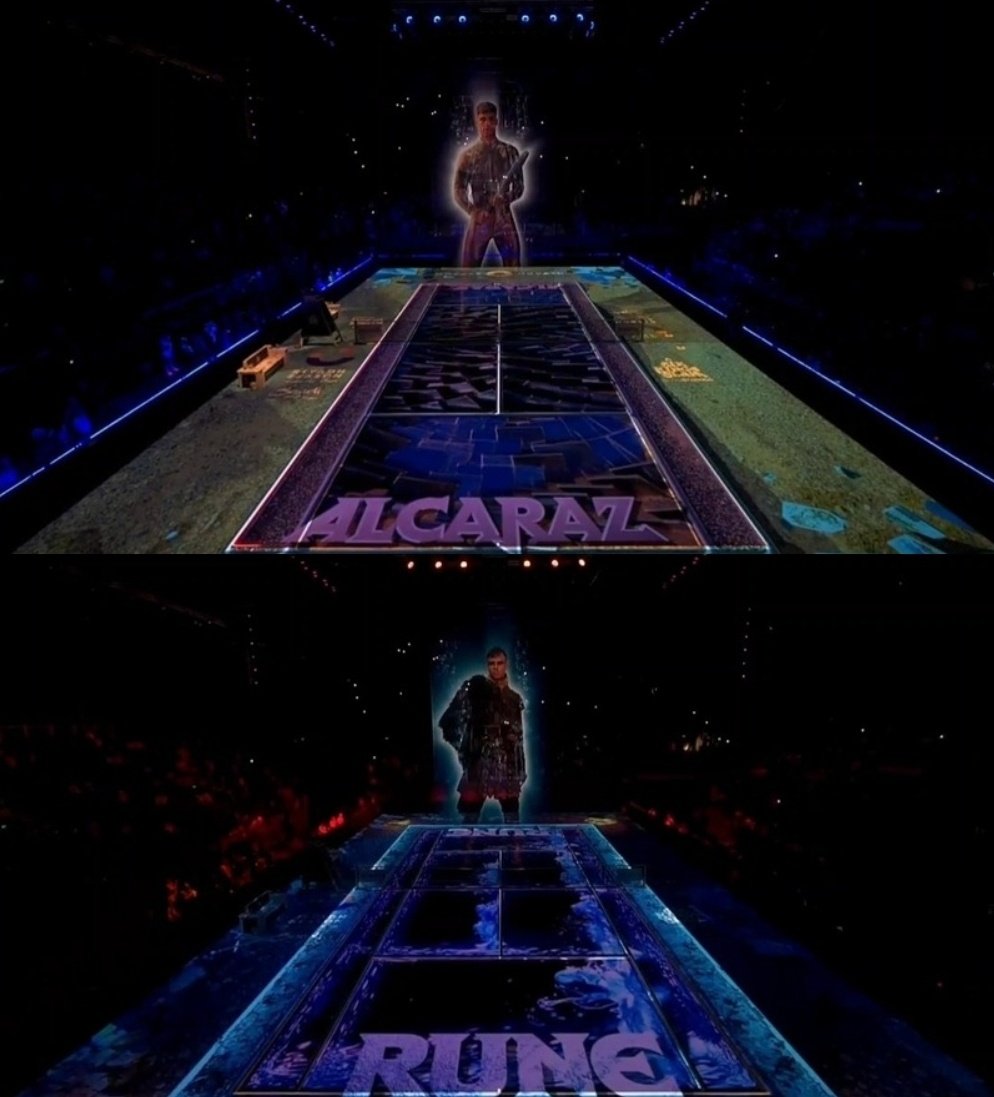TheTennisLetter's tweet image. Carlos Alcaraz and Holger Rune holograms at the Six Kings Slam