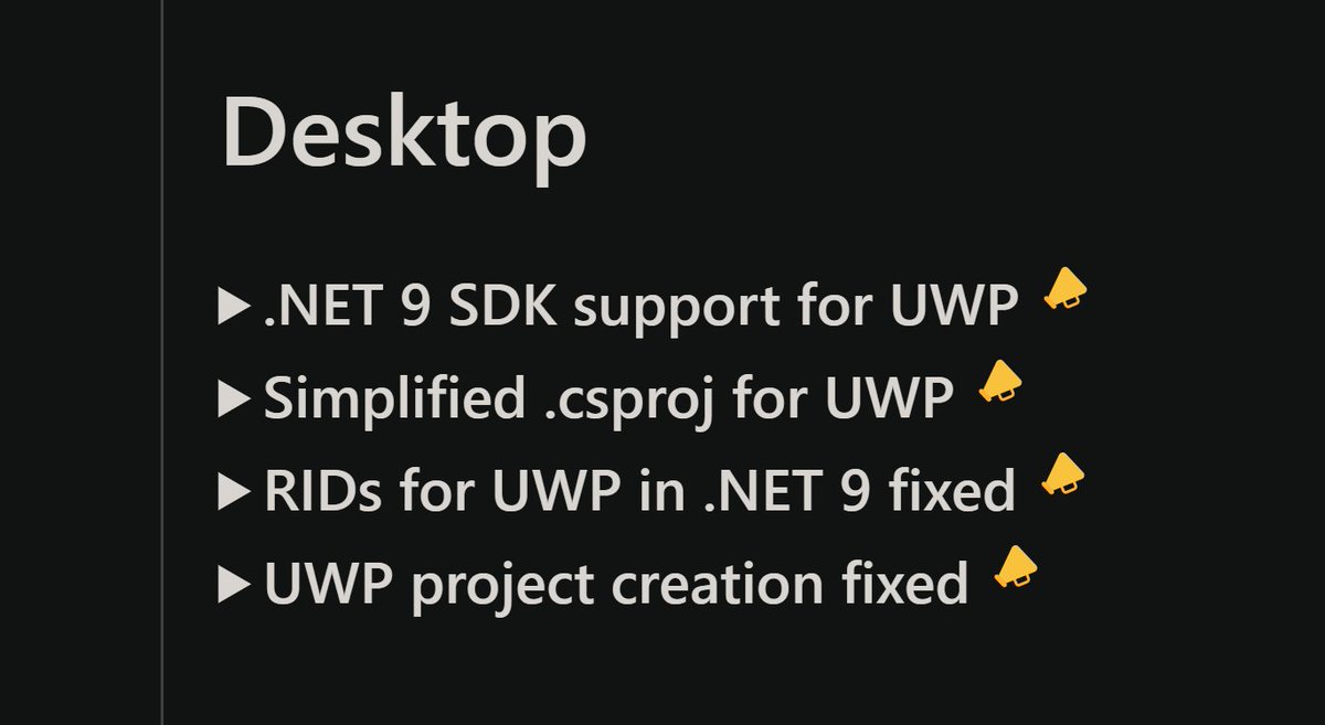 Visual Studio 17.12 Preview 3 is out, w/ quite a few improvements for UWP on .NET 9! Simpler .csproj ("UseUwpTools" is set automatically), fixed creating projects from templates, RIDs will be set correctly for libraries, and more! Full notes: learn.microsoft.com/visualstudio/r….
#uwp #dotnet
