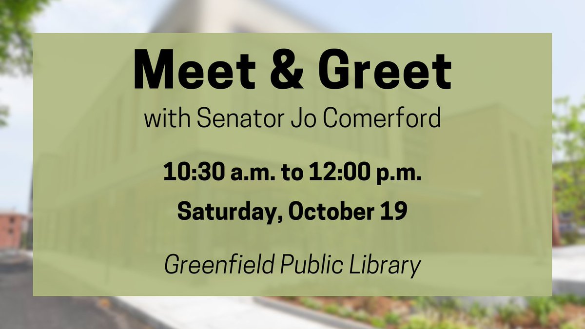 Join me on Saturday, October 19 from 10:30 a.m. to 12:00 p.m. for a Meet &amp; Greet at the Greenfield Public Library.

Hope to see you there!

More about the event here: greenfieldpl.libcal.com/event/12257529