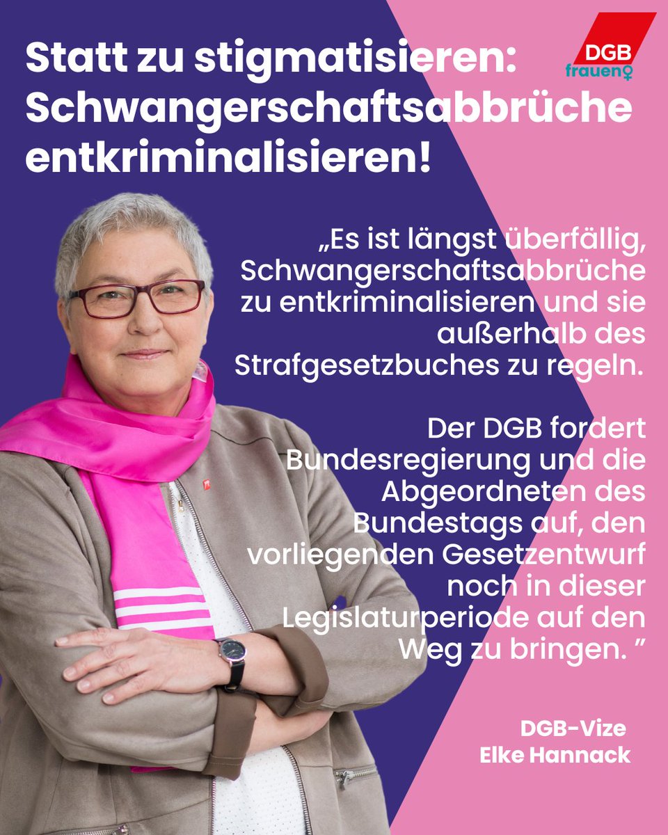 DGB Frauen (@dgb_frauen) on Twitter photo Entkriminalisieren statt stigmatisieren!
Elke Hannack, stv. <a href="/dgb_news/">DGB - Deutscher Gewerkschaftsbund</a>-Vorsitzende unterstützt die Gesetzesinitiative aus der Mitte der Zivilgesellschaft: „Es ist längst überfällig, #Schwangerschaftsabbrüche zu entkriminalisieren und sie außerhalb des Strafgesetzbuches zu regeln." Entkriminalisieren statt stigmatisieren!
Elke Hannack, stv. <a href="/dgb_news/">DGB - Deutscher Gewerkschaftsbund</a>-Vorsitzende unterstützt die Gesetzesinitiative aus der Mitte der Zivilgesellschaft: „Es ist längst überfällig, #Schwangerschaftsabbrüche zu entkriminalisieren und sie außerhalb des Strafgesetzbuches zu regeln."