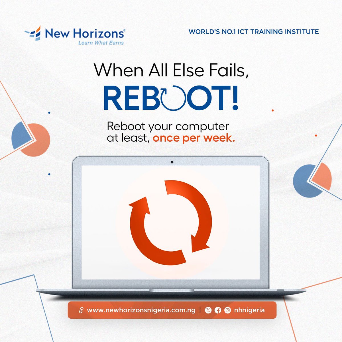 nhnigeria's tweet image. Rebooting your system flushes its memory, completes windows updates that may have started running, which can lead to better productivity and performance.

#techtips #techbetter #nhnigeria #newhorizons #newhorizonsnigeria
